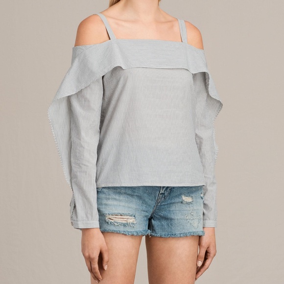 All Saints Khan Stripe Off Shoulder Cotton Blouse - Picture 1 of 6